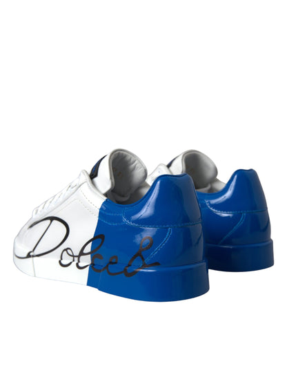 Dolce & Gabbana White Blue Leather Logo Low Top Sneakers