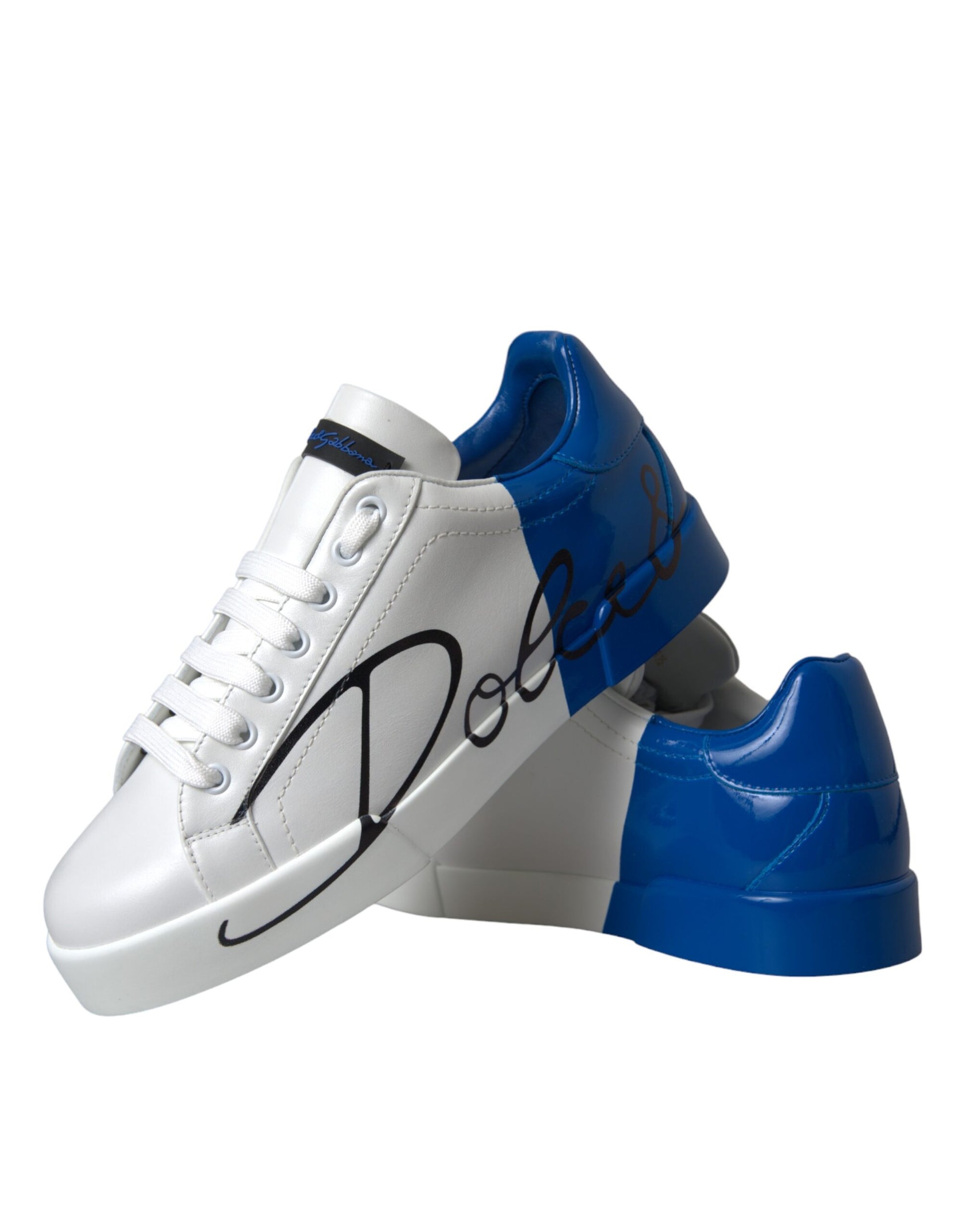 Dolce & Gabbana White Blue Leather Logo Low Top Sneakers