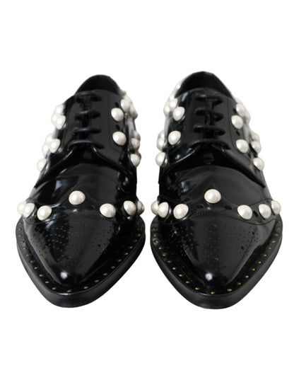  - Black Leather Faux Pearl Dress Broque Shoes