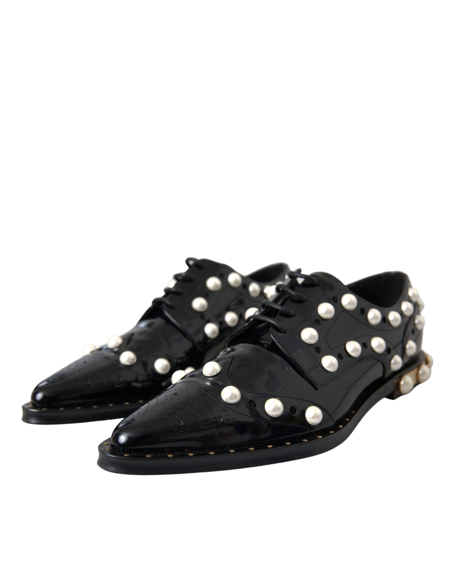  - Black Leather Faux Pearl Dress Broque Shoes