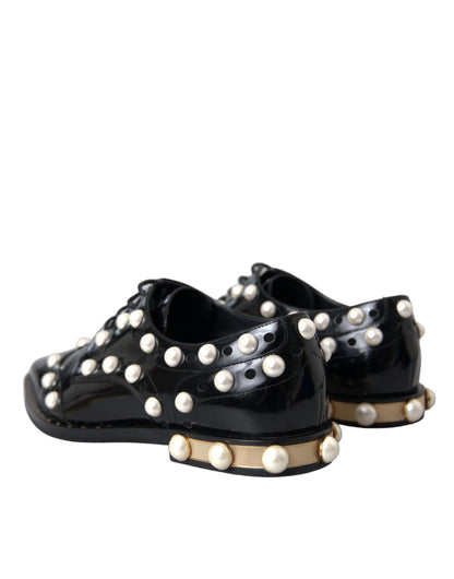  - Black Leather Faux Pearl Dress Broque Shoes