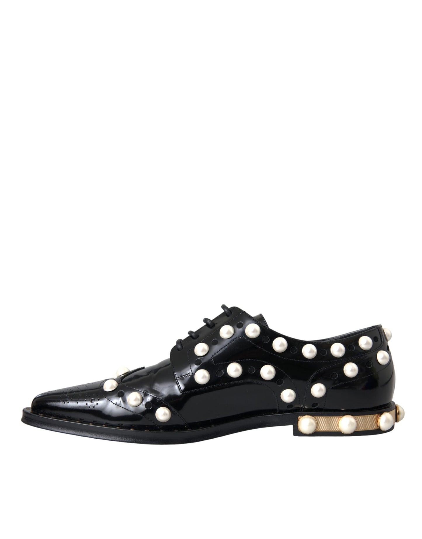  - Black Leather Faux Pearl Dress Broque Shoes