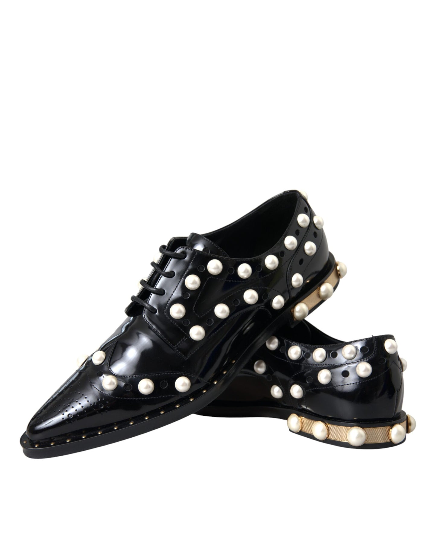  - Black Leather Faux Pearl Dress Broque Shoes