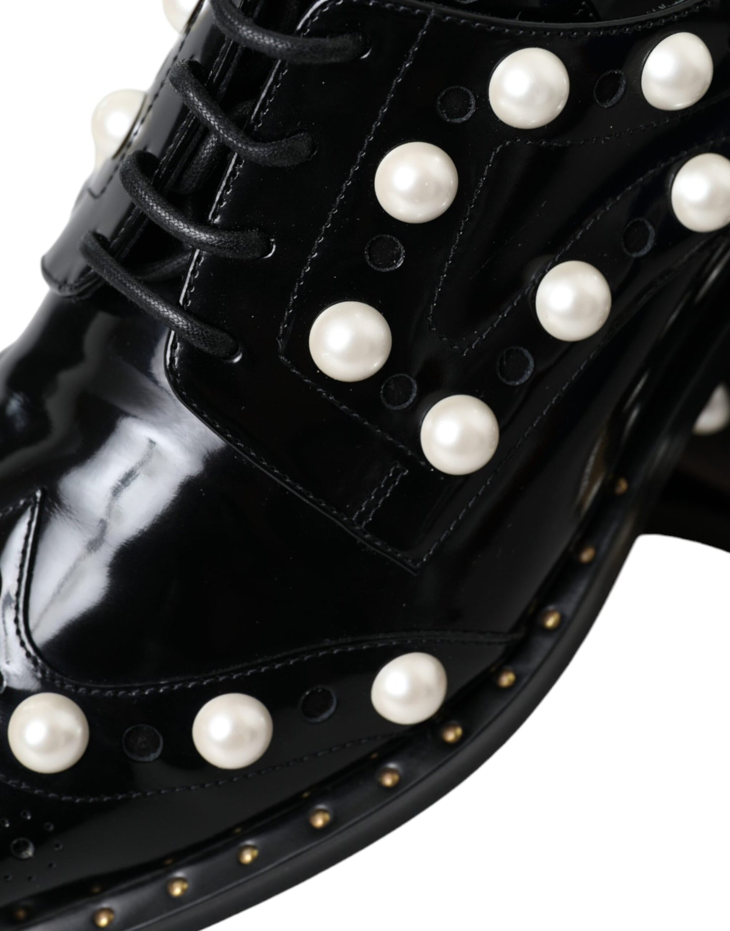  - Black Leather Faux Pearl Dress Broque Shoes