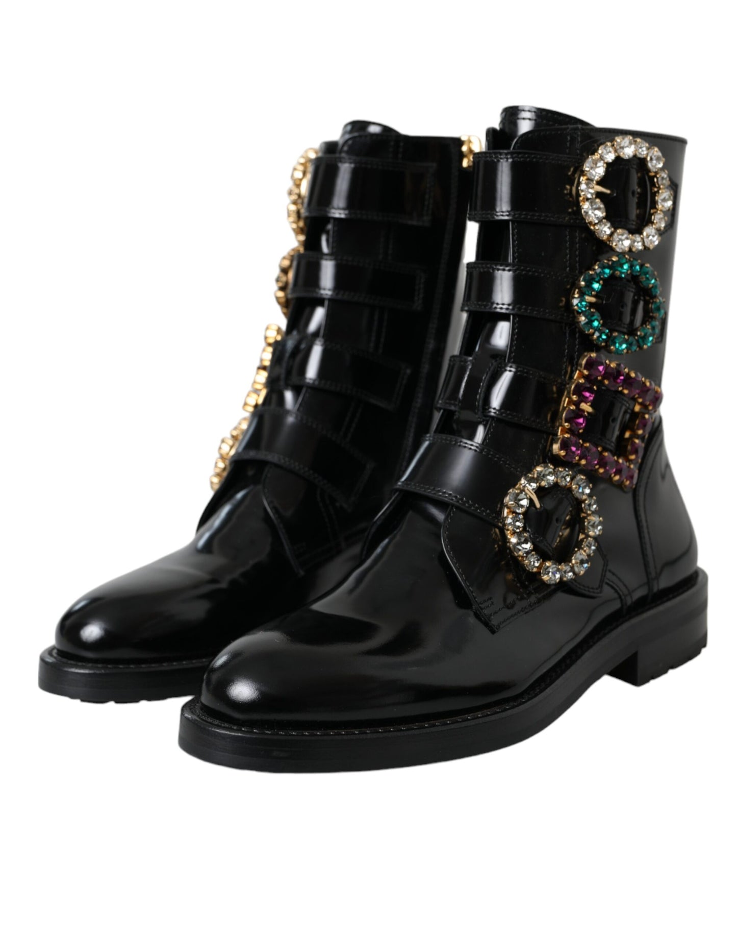  - Black Leather Crystal Buckles Boots Shoes