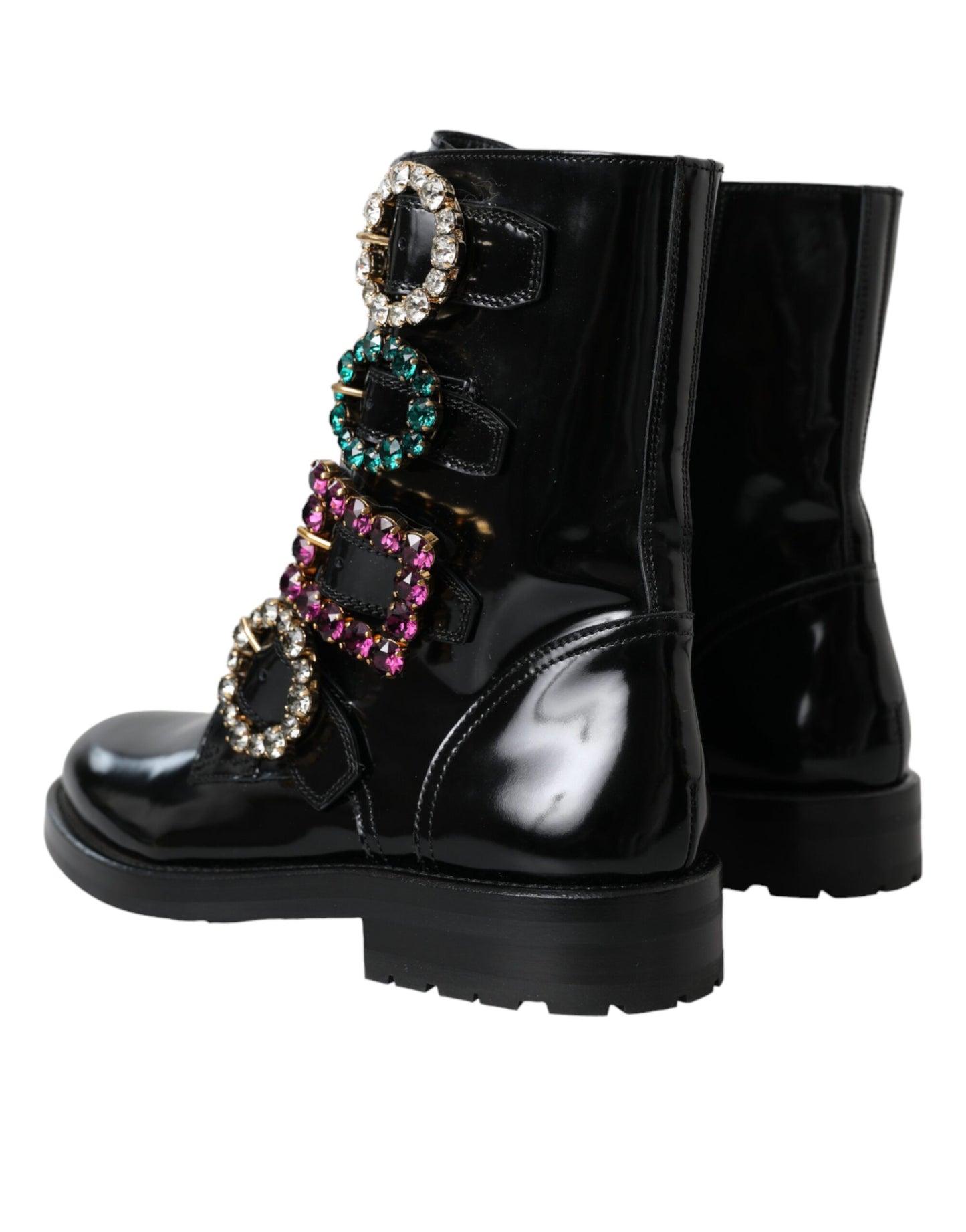  - Black Leather Crystal Buckles Boots Shoes