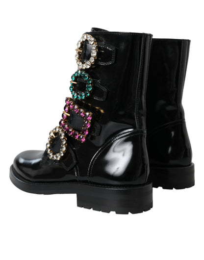  - Black Leather Crystal Buckles Boots Shoes