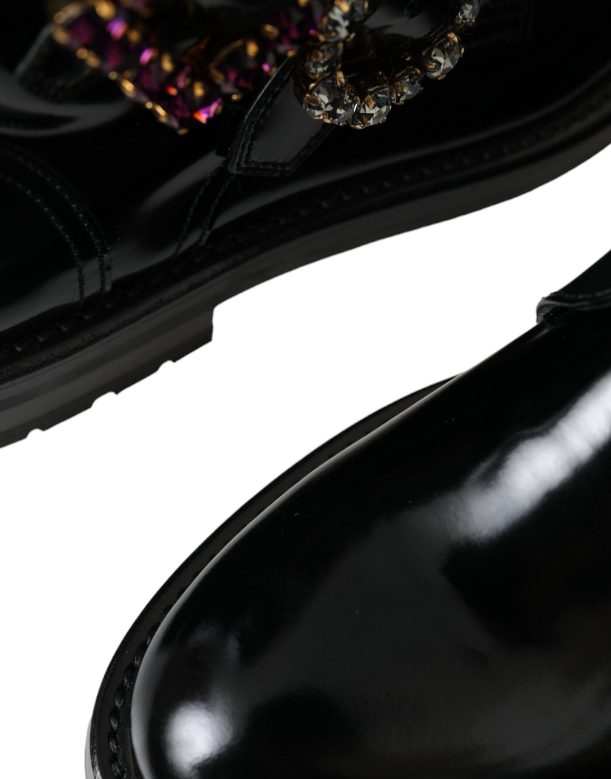 Black Leather Crystal Buckles Boots Shoes