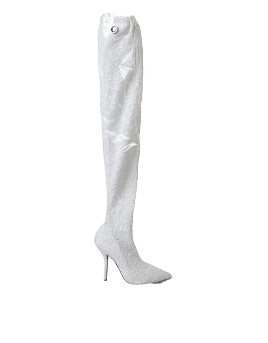  - White Heels Stiletto Knee High Boots Shoes