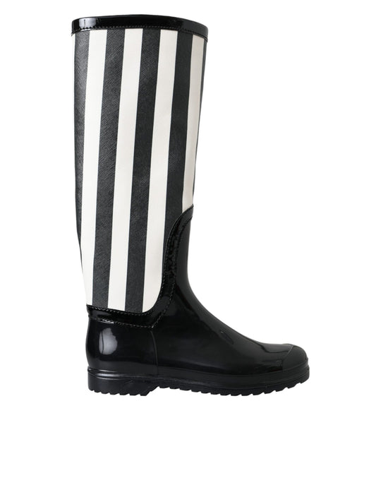  - Black Rubber Knee High Flat Boots Shoes