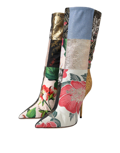  - Multicolor Patchwork Print Heeled Boots Shoes