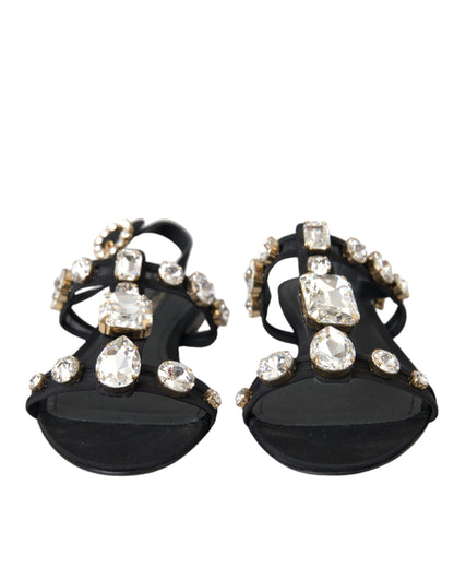  - Black Leather Crystal Flats Sandals Shoes