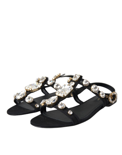  - Black Leather Crystal Flats Sandals Shoes