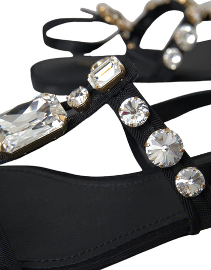  - Black Leather Crystal Flats Sandals Shoes