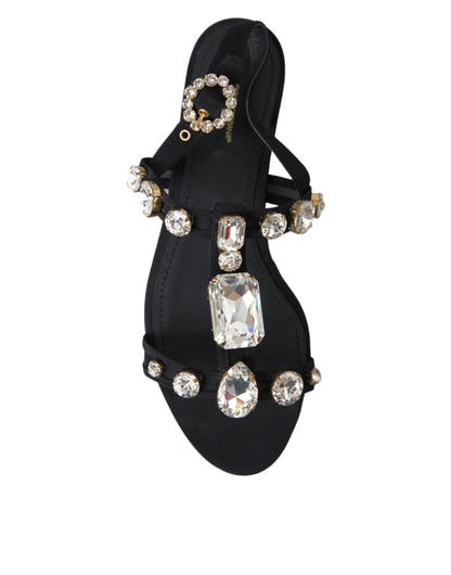  - Black Leather Crystal Flats Sandals Shoes