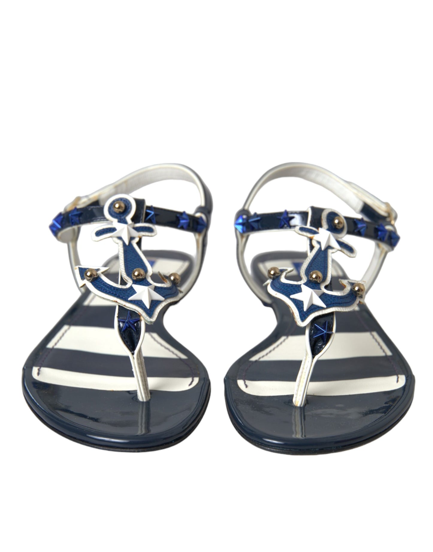  - Blue Stripes Leather Studded Flats Sandals Shoes