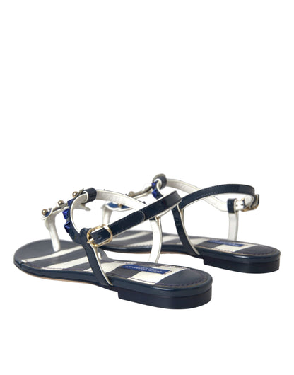  - Blue Stripes Leather Studded Flats Sandals Shoes