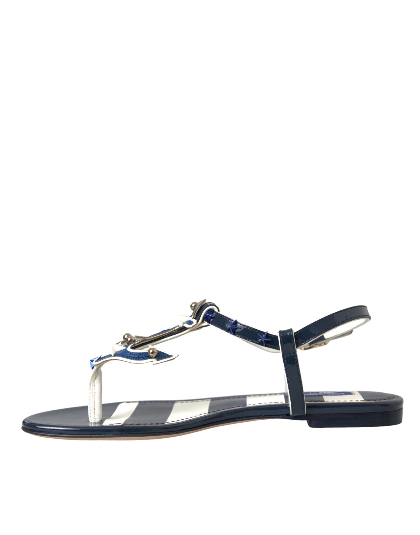  - Blue Stripes Leather Studded Flats Sandals Shoes