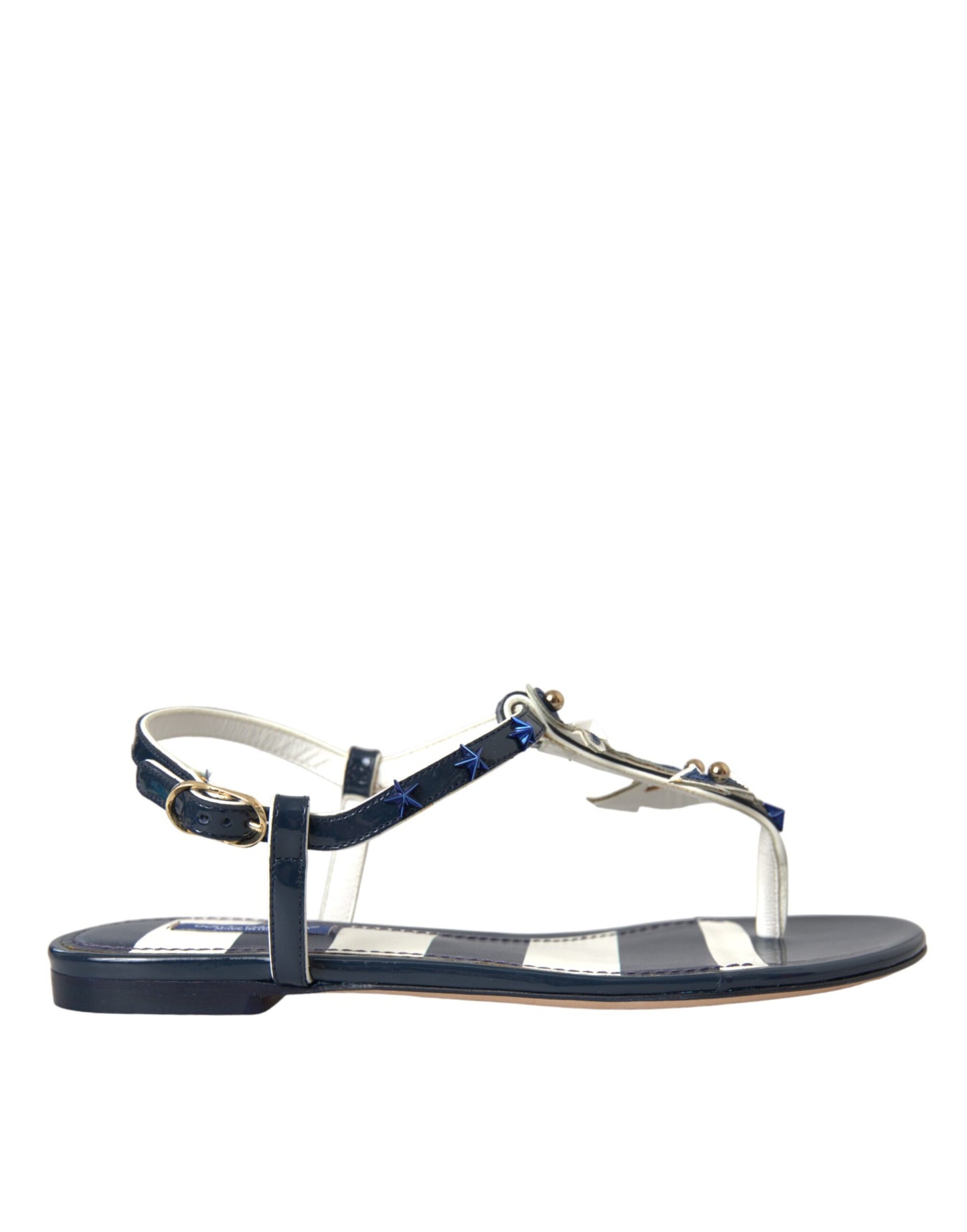  - Blue Stripes Leather Studded Flats Sandals Shoes