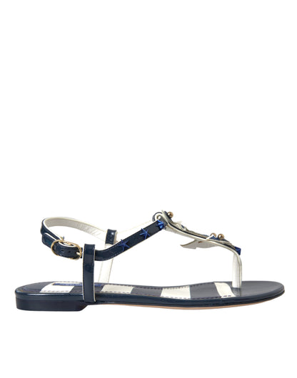  - Blue Stripes Leather Studded Flats Sandals Shoes