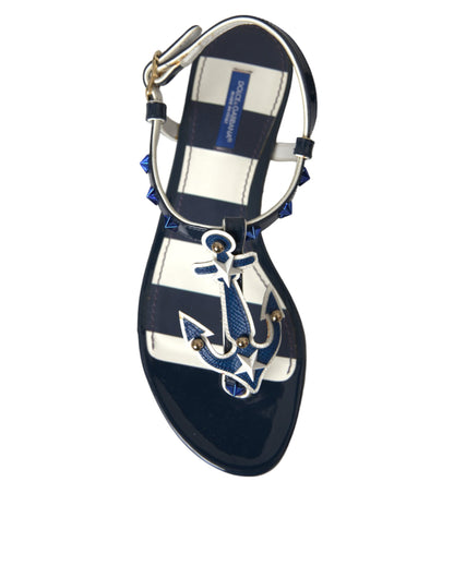  - Blue Stripes Leather Studded Flats Sandals Shoes