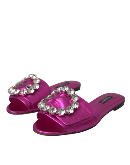  - Fuchsia Crystal Leather Flats Sandals Shoes