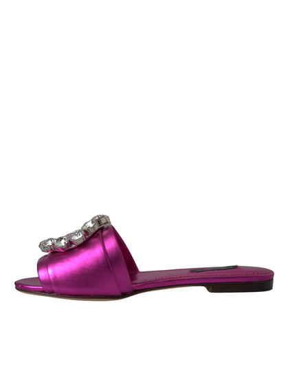  - Fuchsia Crystal Leather Flats Sandals Shoes