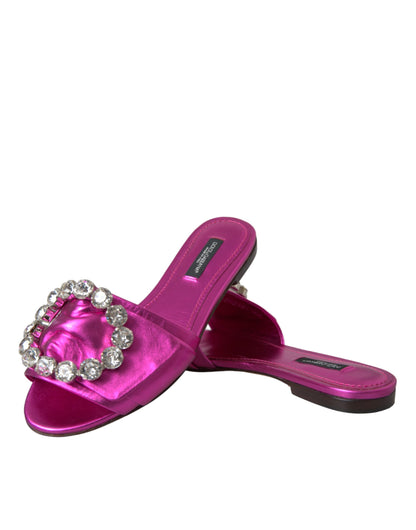  - Fuchsia Crystal Leather Flats Sandals Shoes