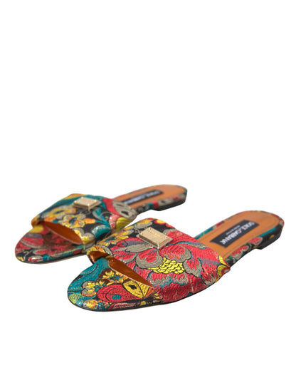  - Multicolor Floral Brocade Logo Flats Sandals Shoes