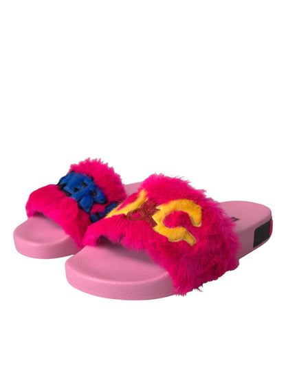 Multicolor Embroidered Fur Slides Sandals Shoes - The Luxe Alliance