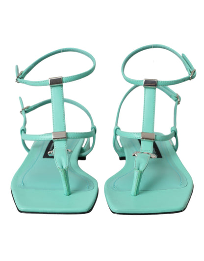  - Aqua Green Leather Ankle Strap Flats Sandals Shoes