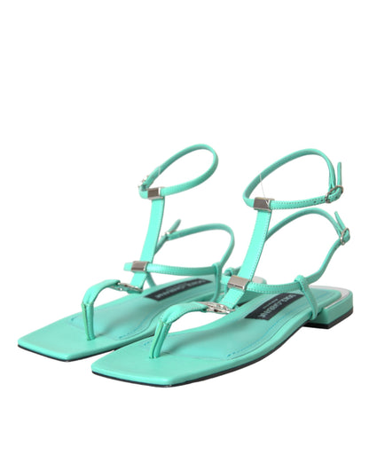  - Aqua Green Leather Ankle Strap Flats Sandals Shoes