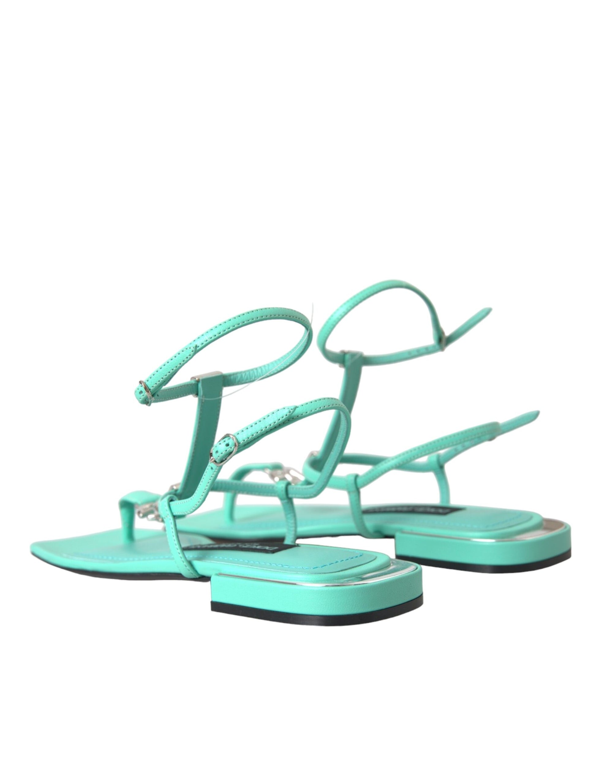 Aqua Green Leather Ankle Strap Flats Sandals Shoes