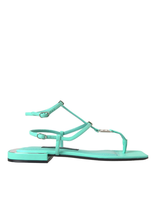  - Aqua Green Leather Ankle Strap Flats Sandals Shoes