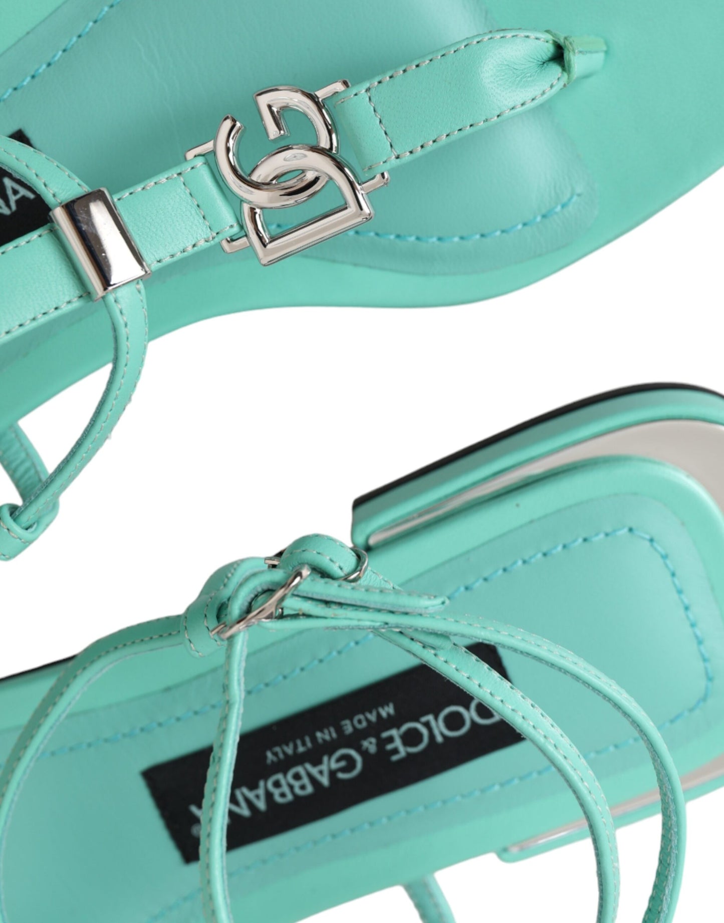  - Aqua Green Leather Ankle Strap Flats Sandals Shoes