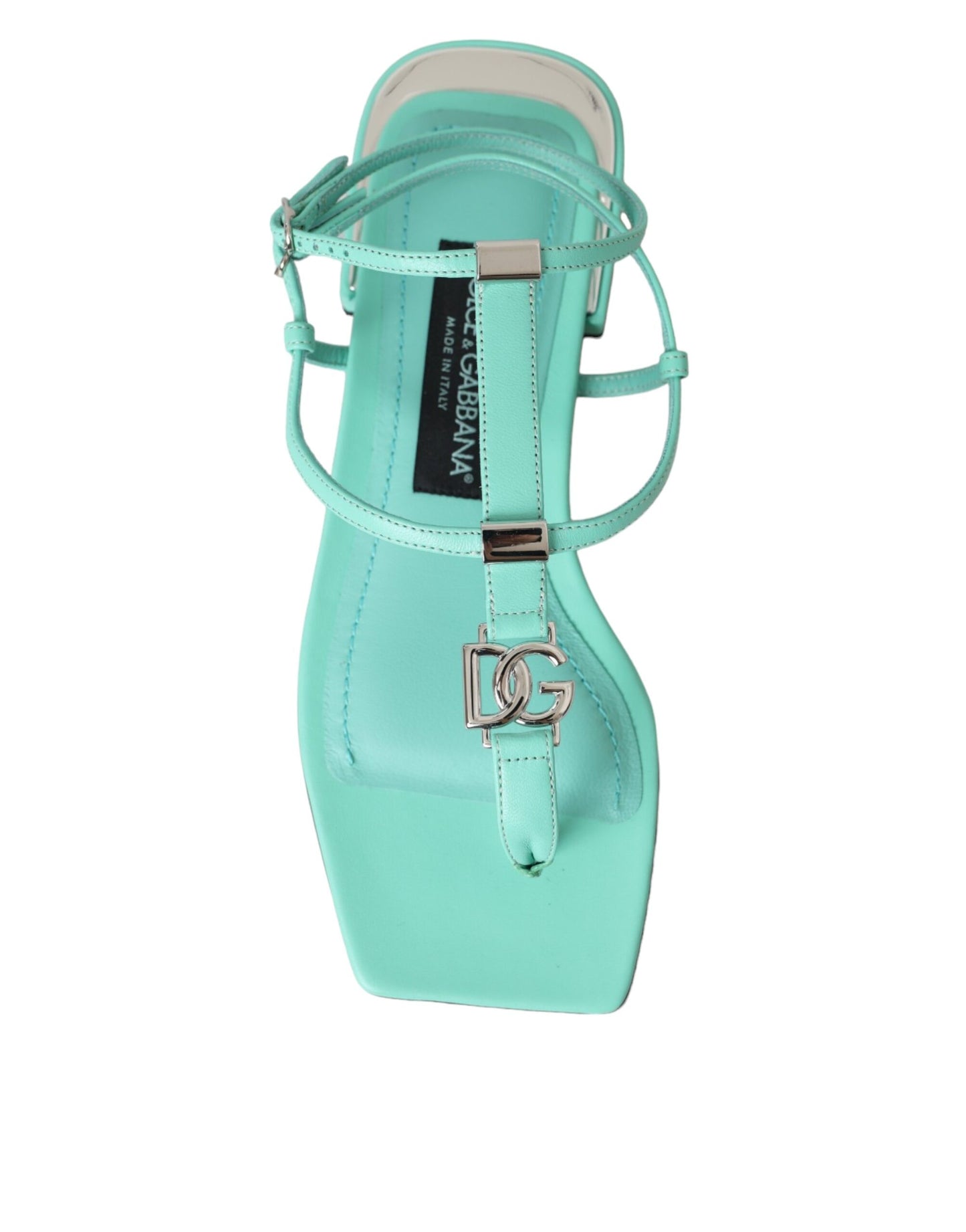  - Aqua Green Leather Ankle Strap Flats Sandals Shoes