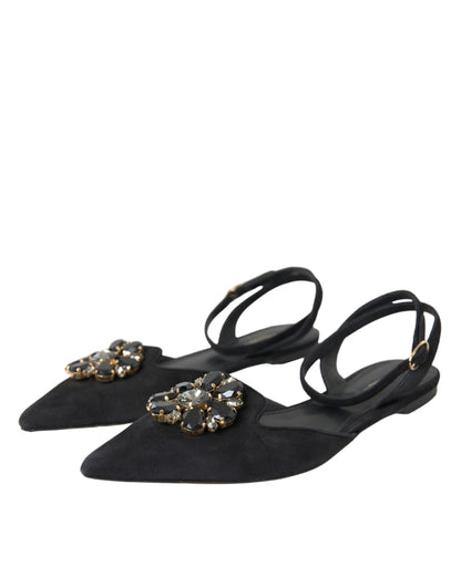  - Black Leather Crystal Slingback Sandals Shoes