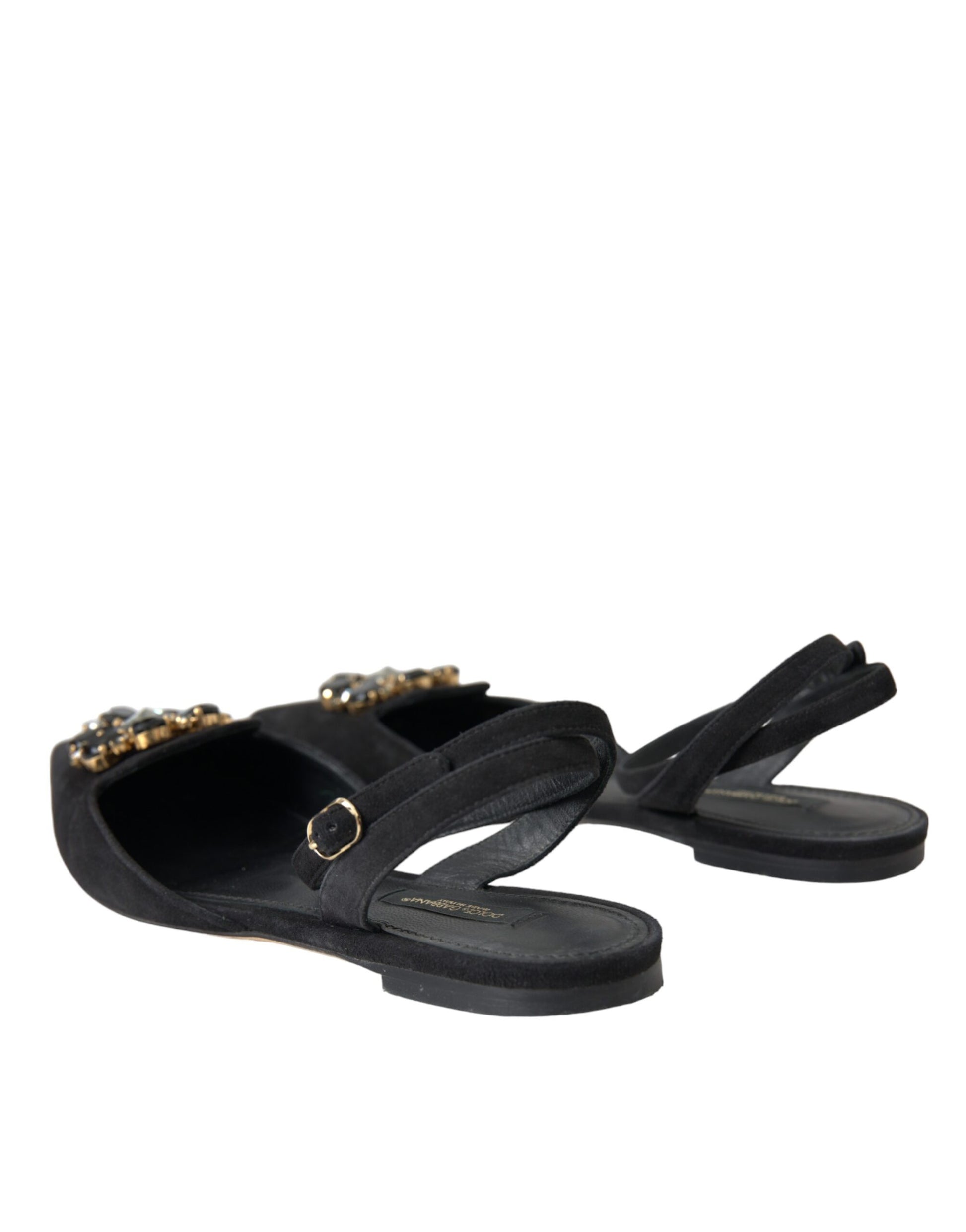 Black Leather Crystal Slingback Sandals Shoes