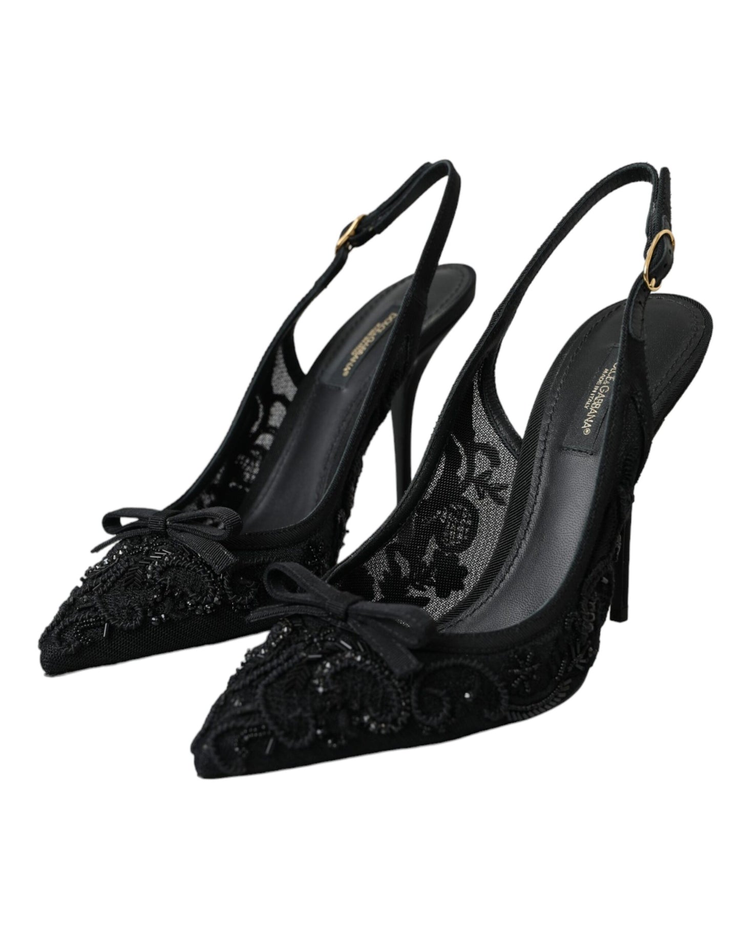  - Black Tulle Ricamo Heels Slingbacks Shoes