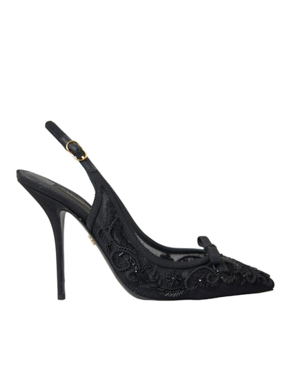  - Black Tulle Ricamo Heels Slingbacks Shoes