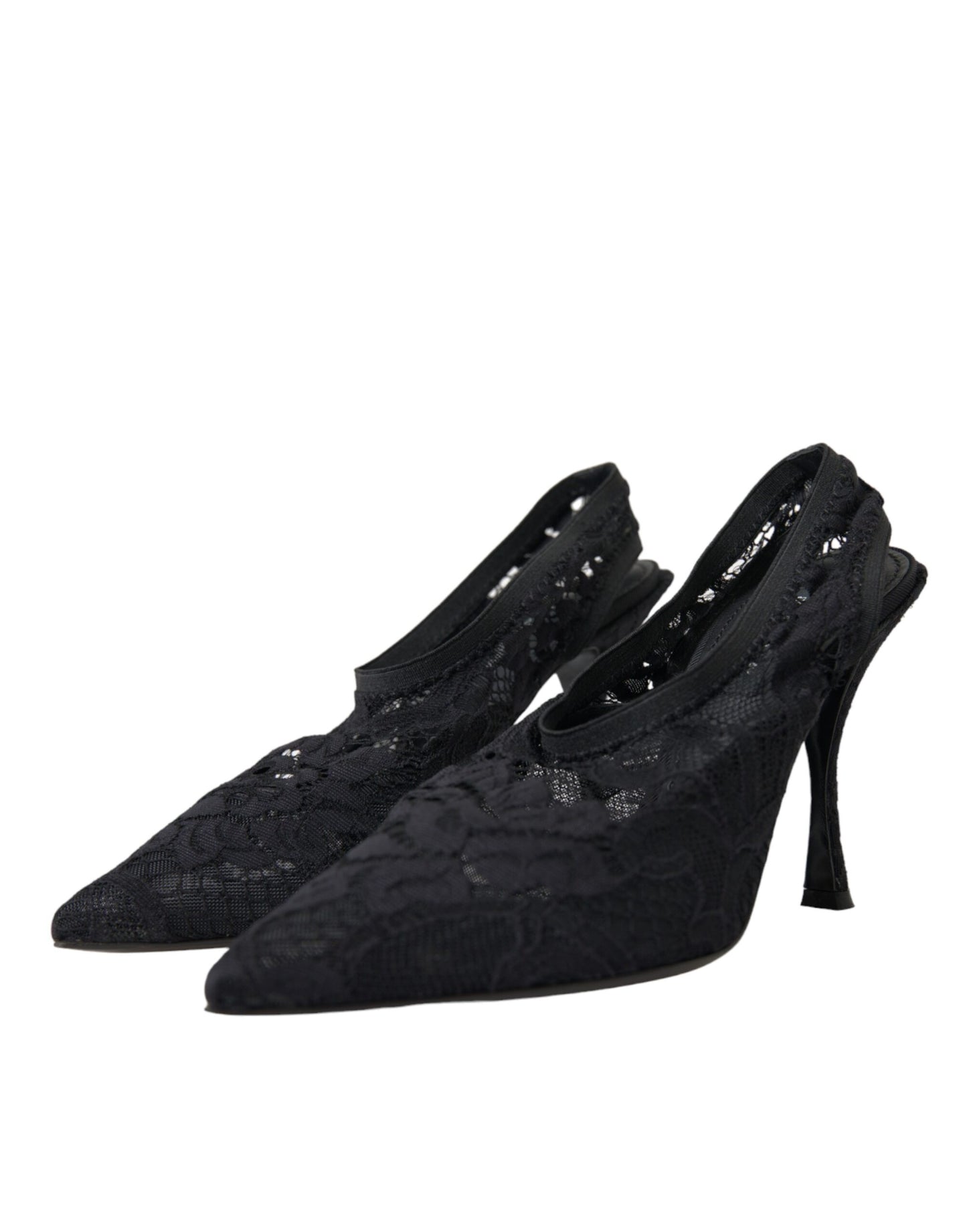  - Black Lace Stretch Heels Slingbacks Shoes