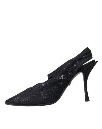  - Black Lace Stretch Heels Slingbacks Shoes