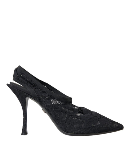  - Black Lace Stretch Heels Slingbacks Shoes