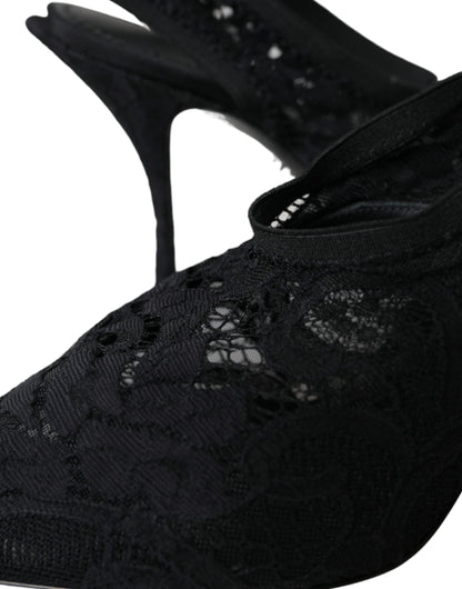  - Black Lace Stretch Heels Slingbacks Shoes