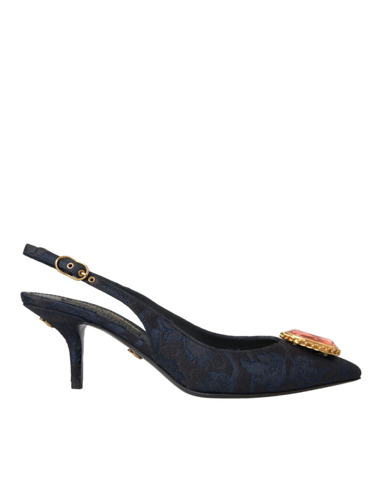  - Blue Jacquard Crystal Slingback Heel Shoes