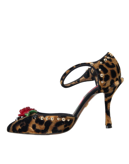  - Brown Leopard Floral Crystal Mary Janes Pumps Shoes