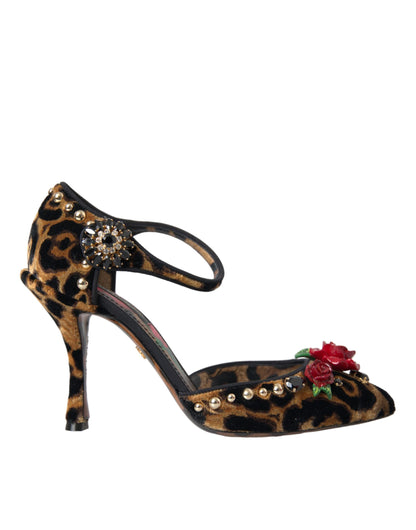  - Brown Leopard Floral Crystal Mary Janes Pumps Shoes