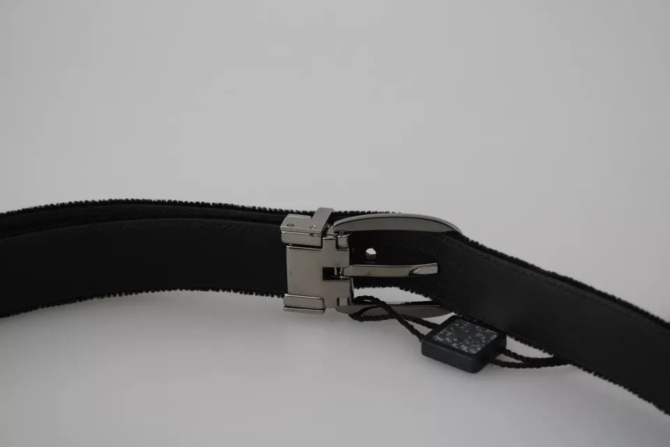  - Black Velvet Silver Tone Metal Buckle Men Belt