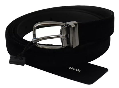  - Black Velvet Silver Tone Metal Buckle Men Belt