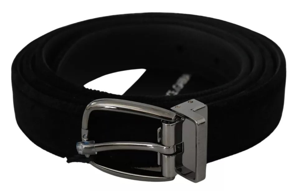  - Black Velvet Silver Tone Metal Buckle Men Belt